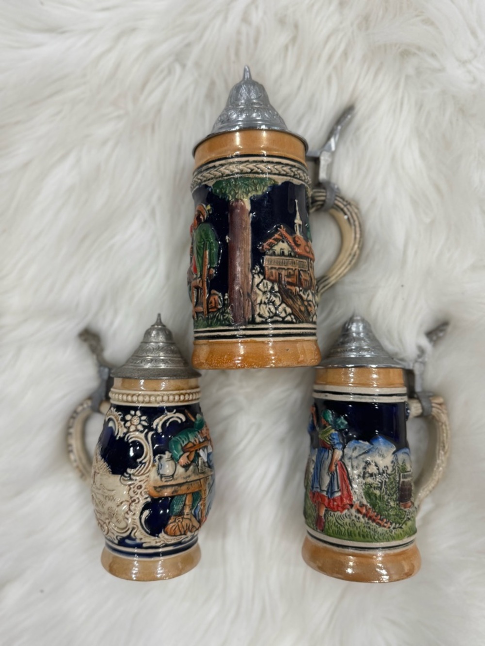 Hand-Painted Ceramic Beer Stein Trio with Pewter Lids - Blue, Tan, Green